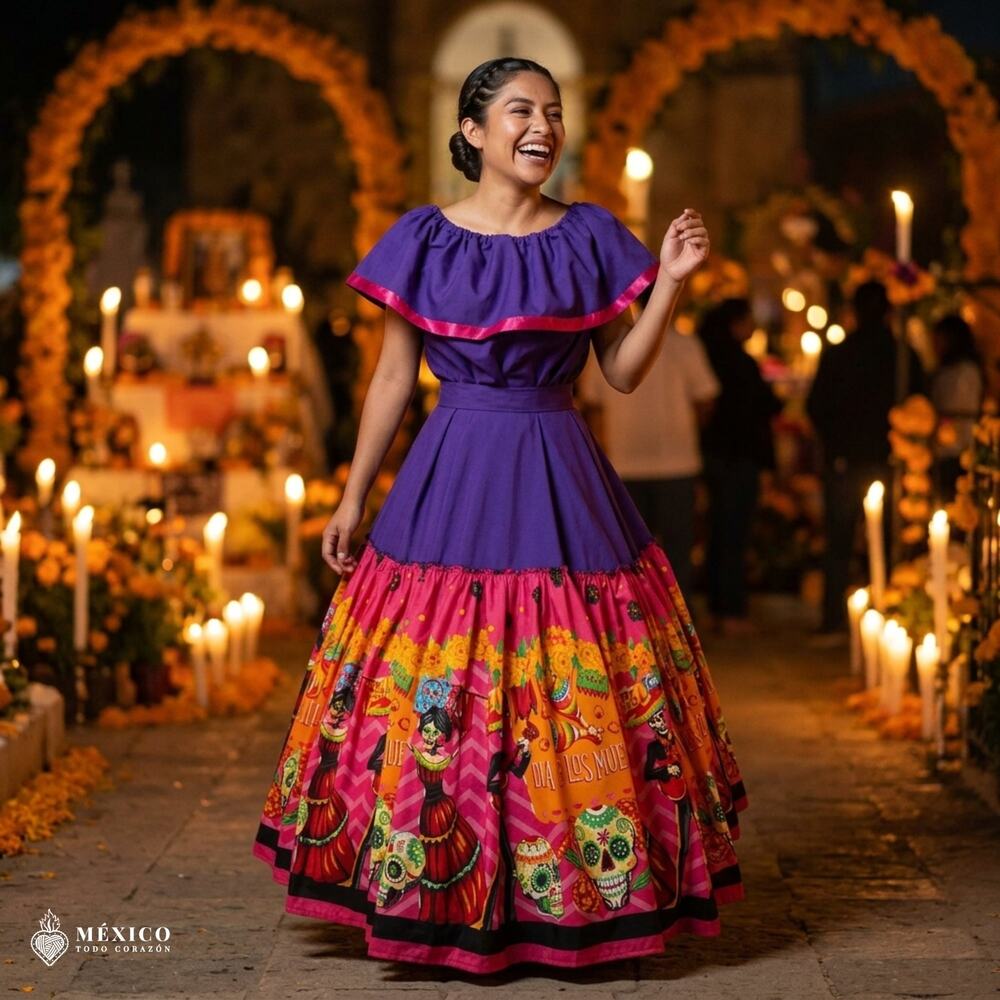 Mexican Dress Set Single Circle Skirt - Day Of The Dead & Noche De Muertos